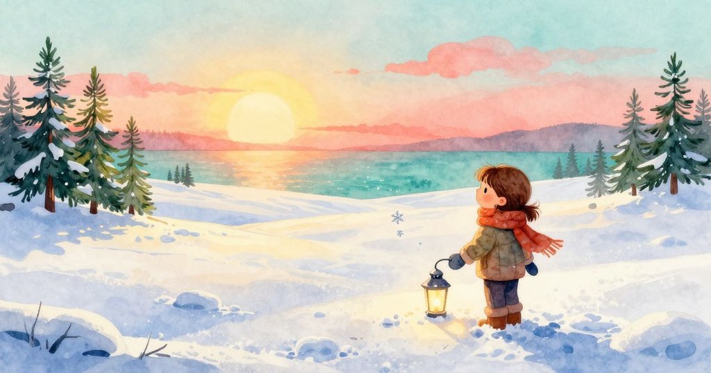 在廣闊雪原上，Reese遠眺完成的雪燈，微小銀白雪花輕舞空中，呈現出冬季大自然奇妙與沉靜的景致。