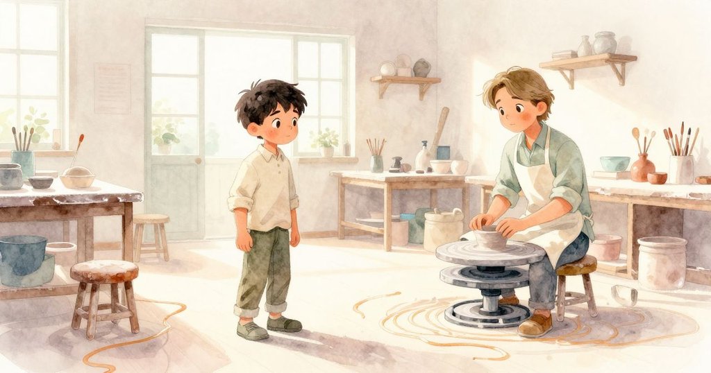 Drake和Niall在溫暖光線下的陶藝工作室開始創作，工作台和低凳展現創造初始氛圍與專注情緒。