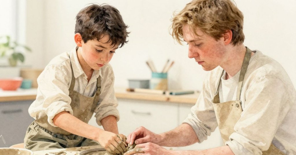 從Drake視角看見他專注地從盆中舀水，輕柔的水珠落在帶霜痕的陶泥上，展現創作轉變過程。