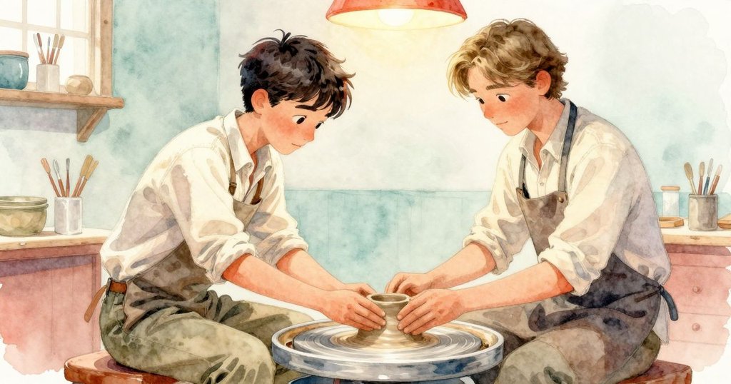 在動感瞬間中，Drake與Niall迅速調整作品，陶輪旋轉模糊背景呈現創作過程中的緊湊和協同精神。