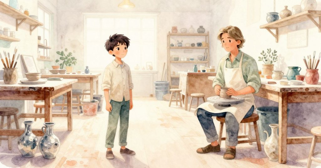 在工作室明亮溫暖的燈光下，Drake和Niall並肩站立，欣賞著宛如銀幣的陶藝作品，透露出完成與希望的情感。