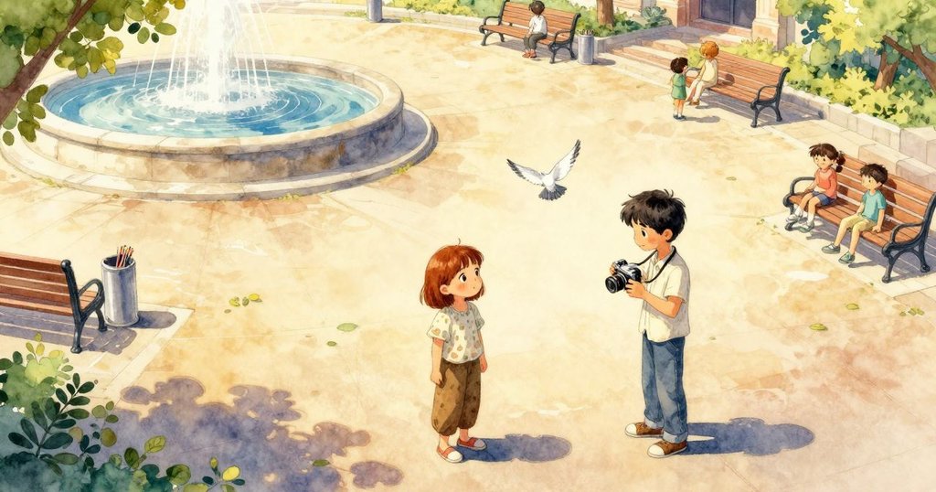 威拉與伊萊坐在噴泉旁的長椅上，鳥瞰廣場全景，鴿子飛舞，環境溫暖明亮