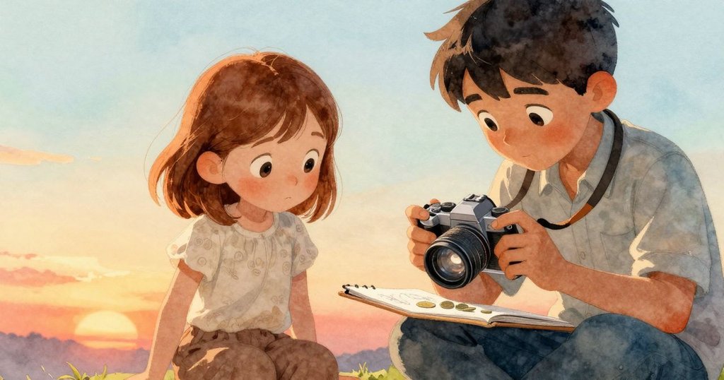 威拉專注地注視著紙上硬幣與舞動的素描本，她的眼中流露出驚奇與認真