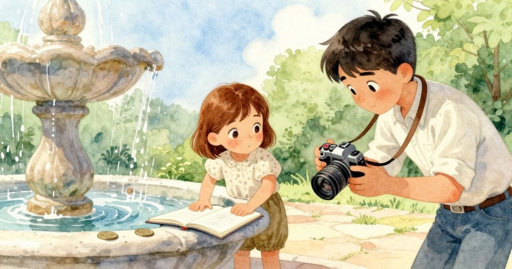 威拉透過自己的視角看著噴泉邊，素描本被微風撩起，硬幣穩固紙張，展現時間與水流節奏