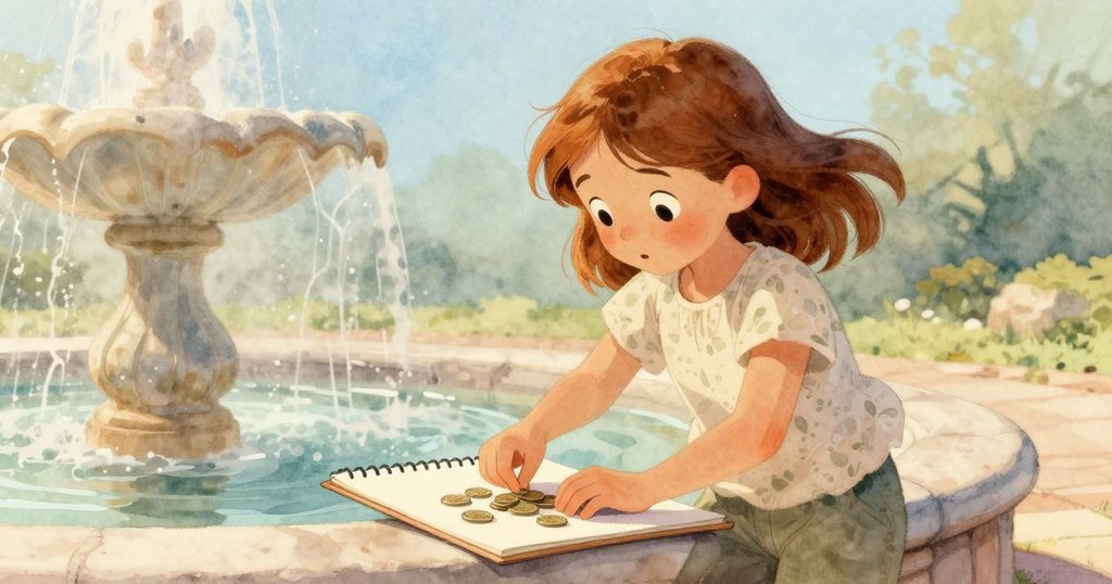 威拉在噴泉邊調整硬幣以固定揚起的素描本，微風帶著薄霧，動態自然環境中呈現生動情景