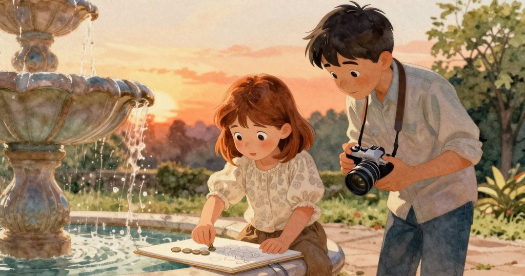 威拉靜靜地提起一個硬幣，留下兩個固定素描本，伊萊在一旁默默注視，背景水流再次上升