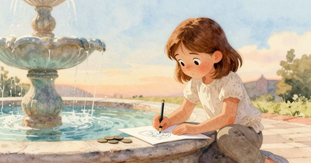 威拉坐在乾石邊休息，完成的素描與鉛筆和硬幣陪伴著她，噴泉水面平靜，傍晚光線柔和