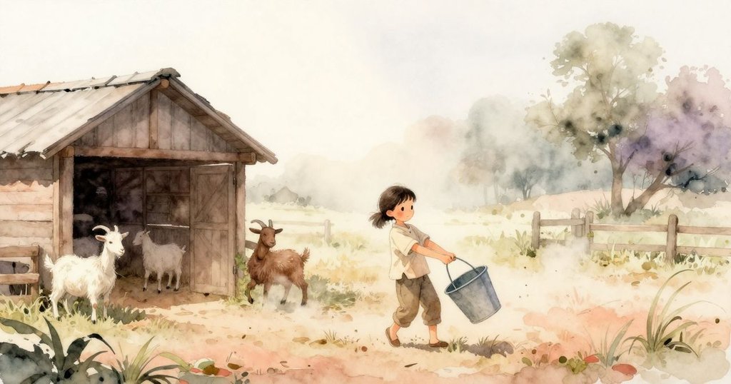 Sara在農場搖晃空桶,背景是老穀倉和山羊,晨光照射出溫暖光芒,充滿開始冒險的感覺