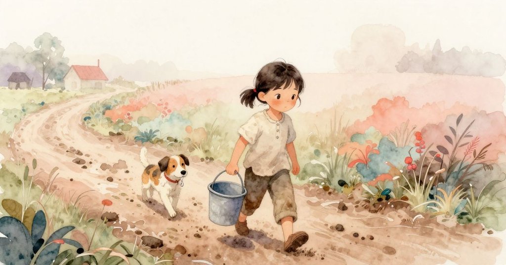 從高處俯瞰Sara在泥濘小徑上行走,手提水桶旁有狗,展露出勤奮與希望的神情