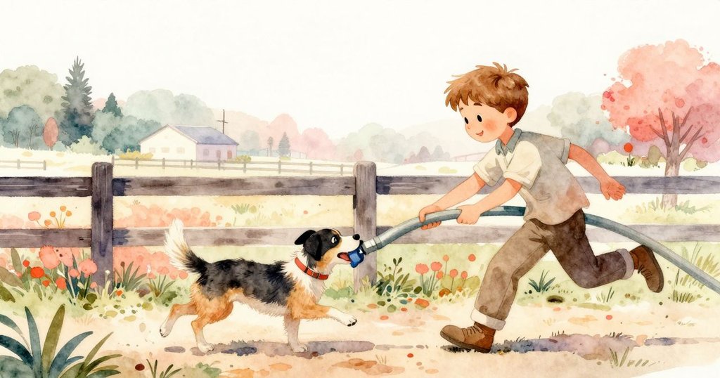 動態場景中,Luke追趕活潑的狗,試圖修正彎曲的水管,在農場邊界充滿活力的互動