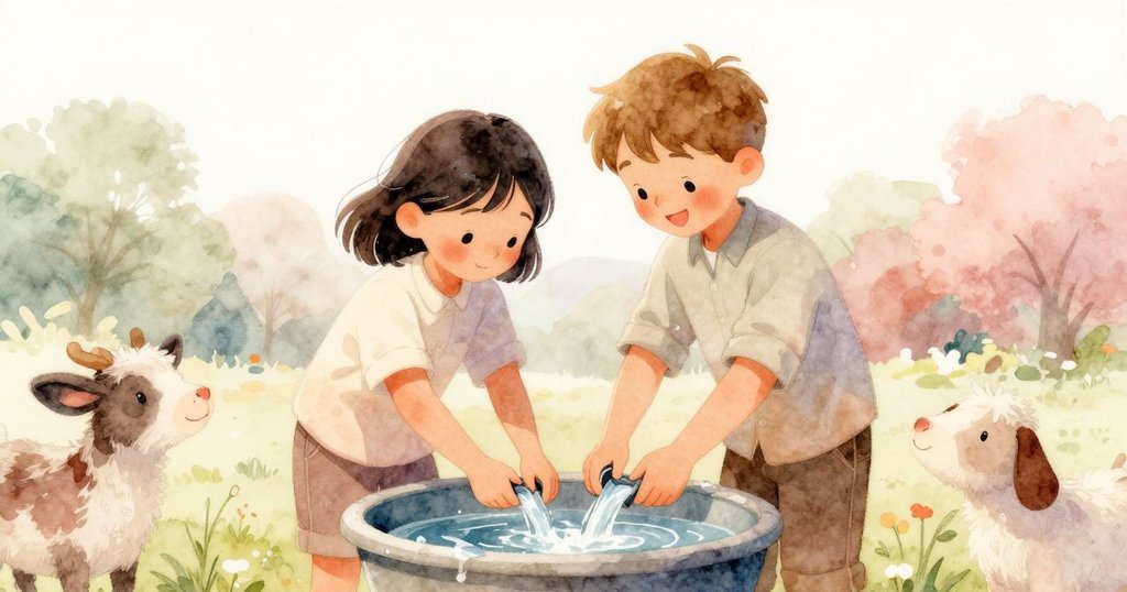 Sara與Luke一起完成灌溉,水溢滿飼槽,山羊圍繞著慶祝滿足,展現團結與喜悅