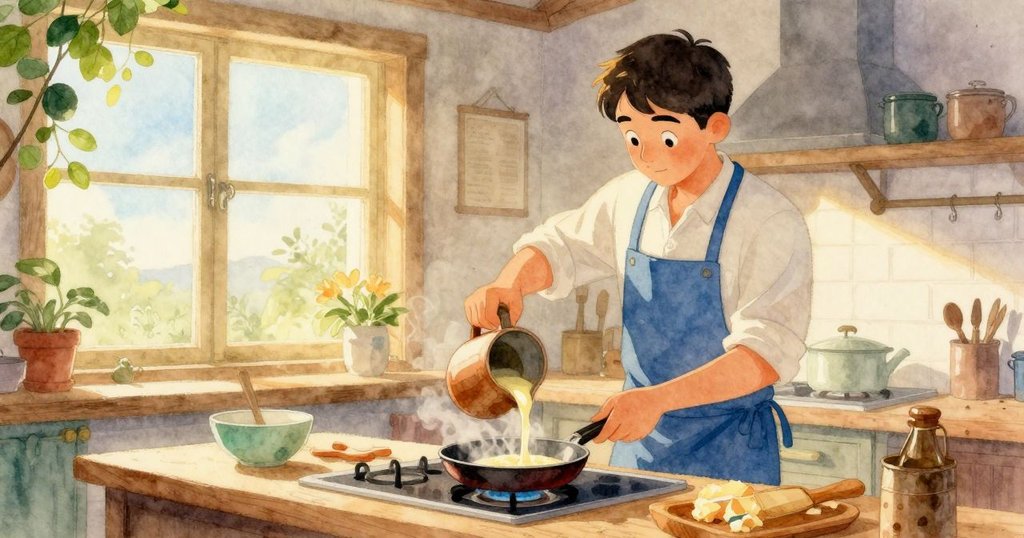 格里豐在溫暖廚房中傾倒麵糊，蒸氣氤氳，窗外晨光柔和，神情專注開始製作可麗餅。