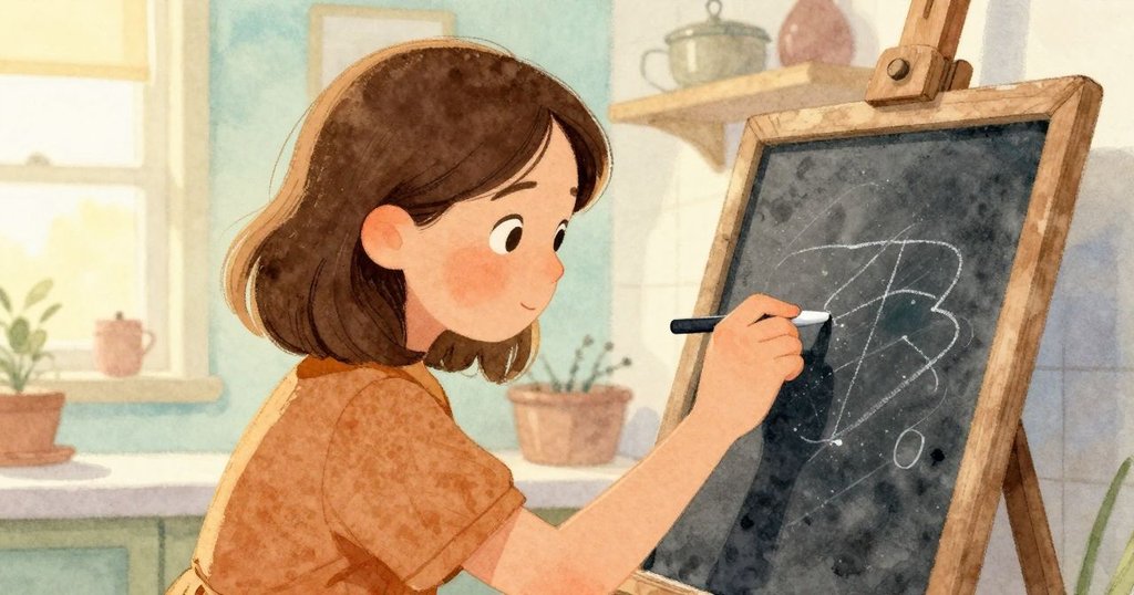 伊內茲凝視著石板，用粉筆記錄數字，表情專注，背景廚房溫暖柔和，展現心思細膩。