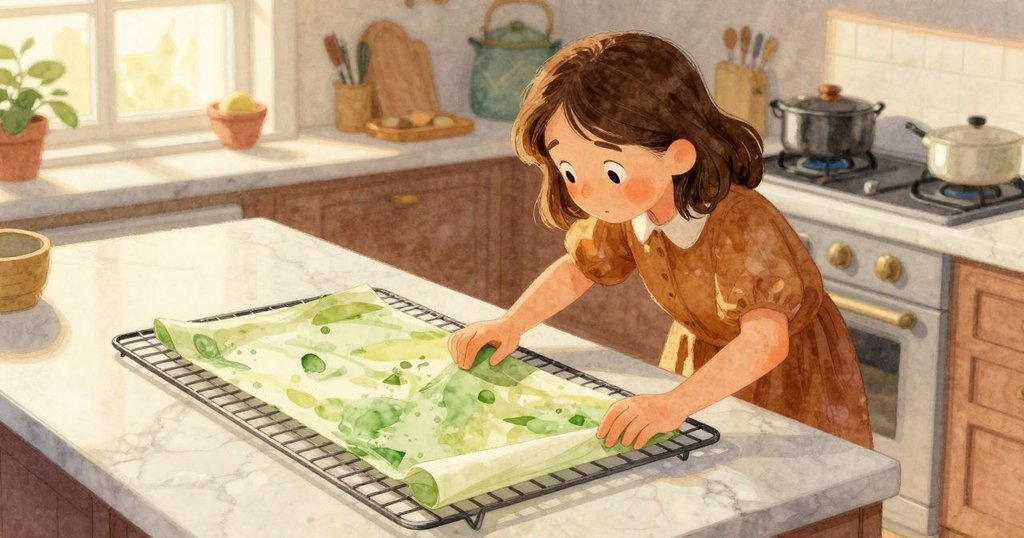 從高處俯瞰，伊內茲的一個輕微抖動使得冷卻架上的可麗餅滑動，大理石台面上透出柔和晨光。