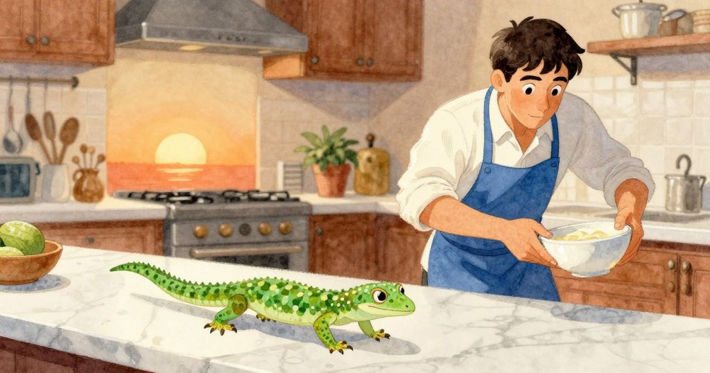 壁虎急速奔過大理石台面觸碰乳脂盤，格里豐迅速反應防止濺出，廚房充滿急促動感與溫暖光線。