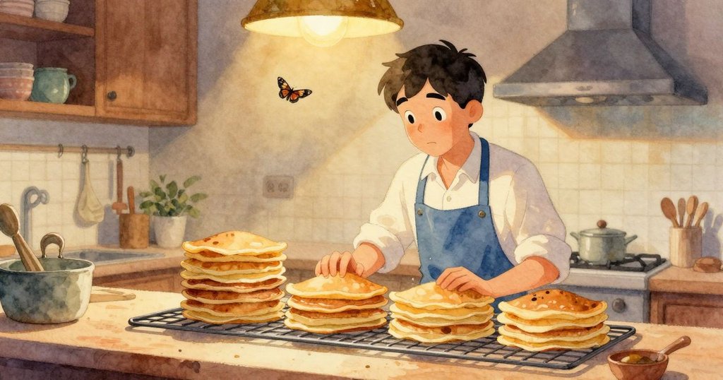 晚間廚房中，整齊疊放的可麗餅與一隻飛舞的飛蛾相映成趣，格里豐滿意凝視，營造出圓滿結局。