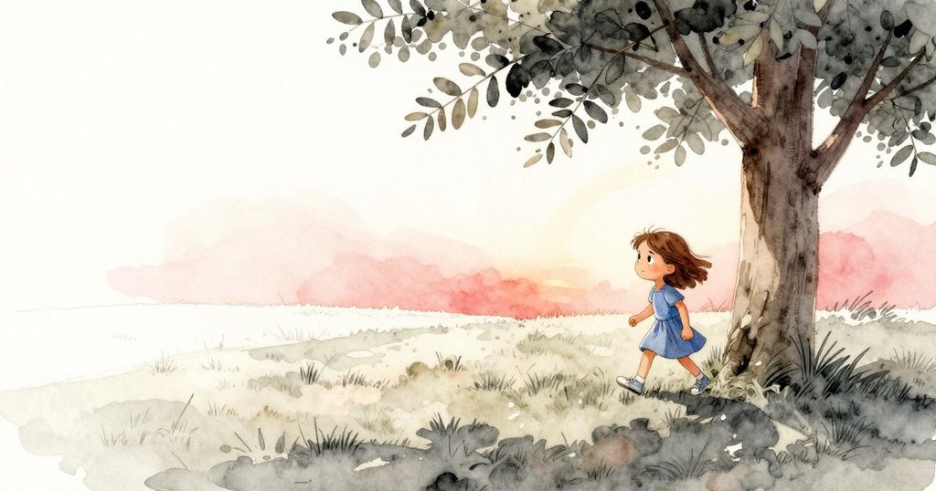 伊爾莎走出數葉樹蔭，夕陽低垂拉長影子，草地明亮充滿希望與期待，展開冒險。