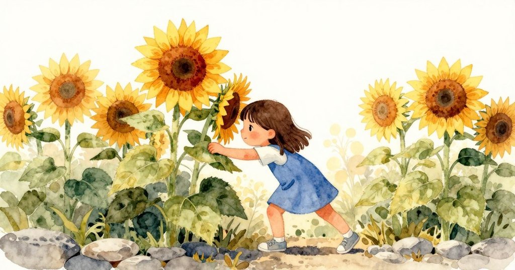 伊爾莎在花壇中推開高大向日葵，金黃花冠與石邊形成鮮明對比，神情專注而堅定。