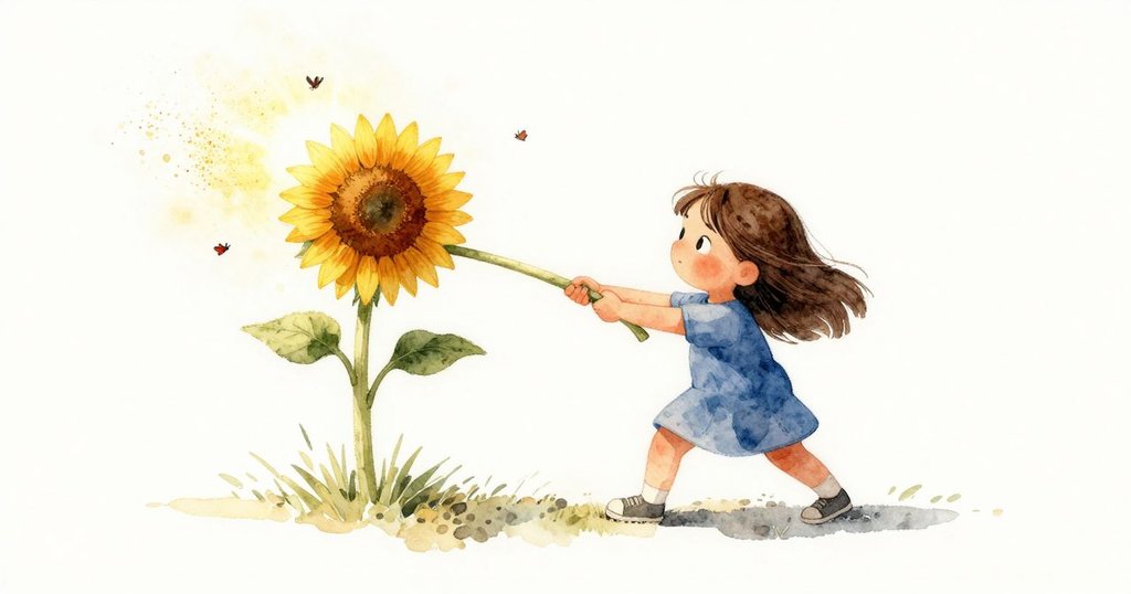 伊爾莎拉動向日葵莖，活力四射引發花粉飄散，微小飛蛾在陽光中翩翩起舞，景象生動。