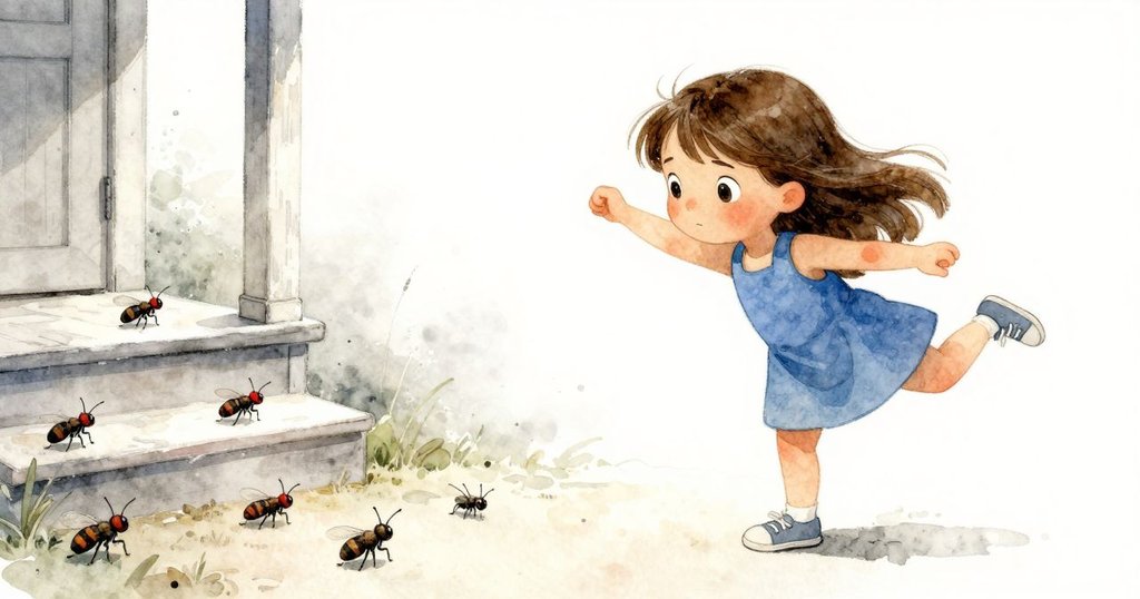 伊爾莎近距離觀察飛舞昆蟲，微光映襯中透出神秘笑聲，庭院中流露發現秘密的驚喜。