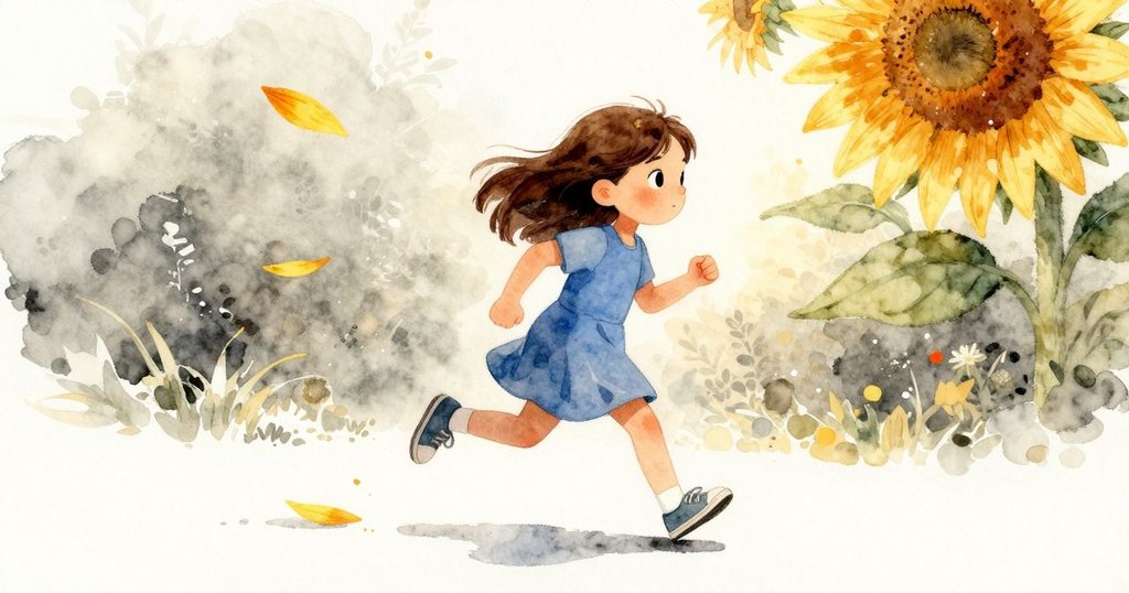 伊爾莎快步奔向樹蔭，草地輕語隨行，一瓣向日葵隨光飄落，象徵一天冒險的溫柔結束。