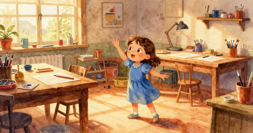 在明亮溫暖的手工教室中，Gemma 站在工桌邊，注視著濕漉漉的印記，場景充滿探索與期待。