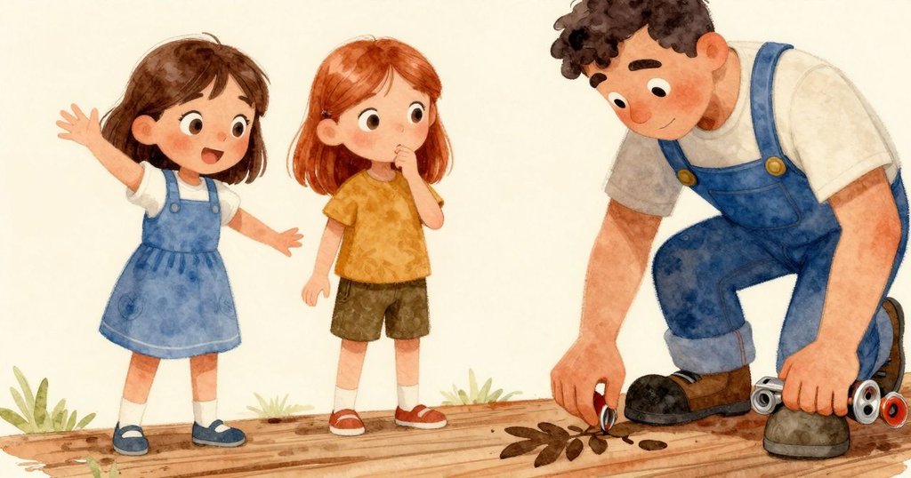 Gemma 的鞋子輕觸木板上形似葉片的濕印，細節清晰展現溫暖光線下的微妙動作。