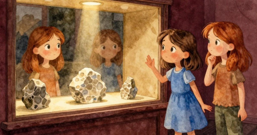 透過展示櫃的玻璃，Gemma 與 Olive 靠得很近，彼此映在光束照耀下的老照片中，神情充滿驚奇與期待。