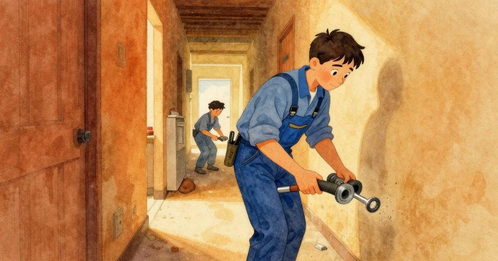 走廊中藍色工作服的水管工急速走過，工具箱碰撞繩索引起塵埃飛揚，畫面動感十足。