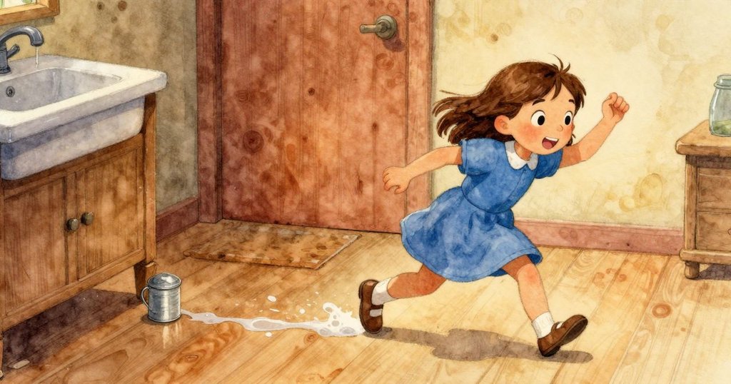 Gemma 追尋地面微妙的水跡，急步靠近水槽邊傾倒的小綠染料罐，神情充滿發現與期待。