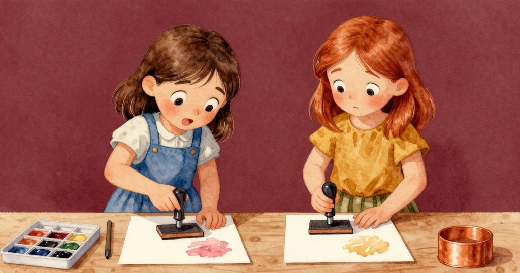 Gemma 與 Olive 合作創作，Gemma 輕壓印章於紙上，旁邊新鮮的蕨葉點綴其間，溫暖光線中展現創意延續。