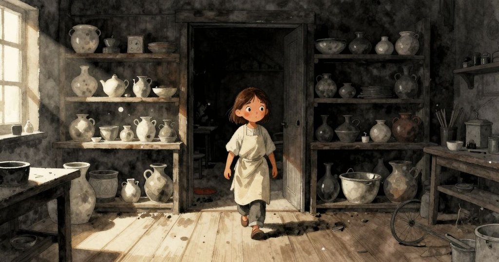 夏拉走進陶瓷工作室，晨光灑落在木質地板和杯架上，背景充滿溫暖與希望，表情專注迎接新的一天
