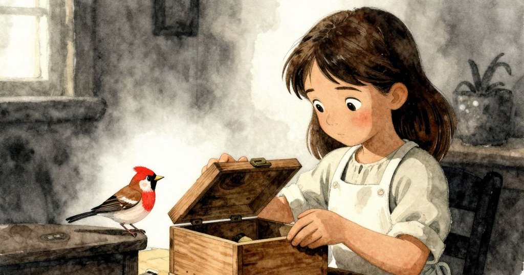 夏拉輕輕打開木盒，一隻好奇的小麻雀停在邊緣，室內的柔和光線襯托出溫馨互動