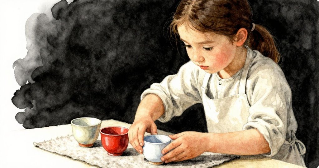 夏拉專注整理杯子，斜角展現出釉面與砂礫的紋理細節，手法細膩，工作室充滿溫馨氛圍