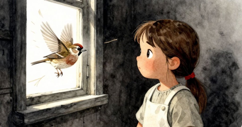 小麻雀掠過開窗邊，掀起輕盈稻草，室內背景有靜止風扇，動靜交織營造出微妙氛圍