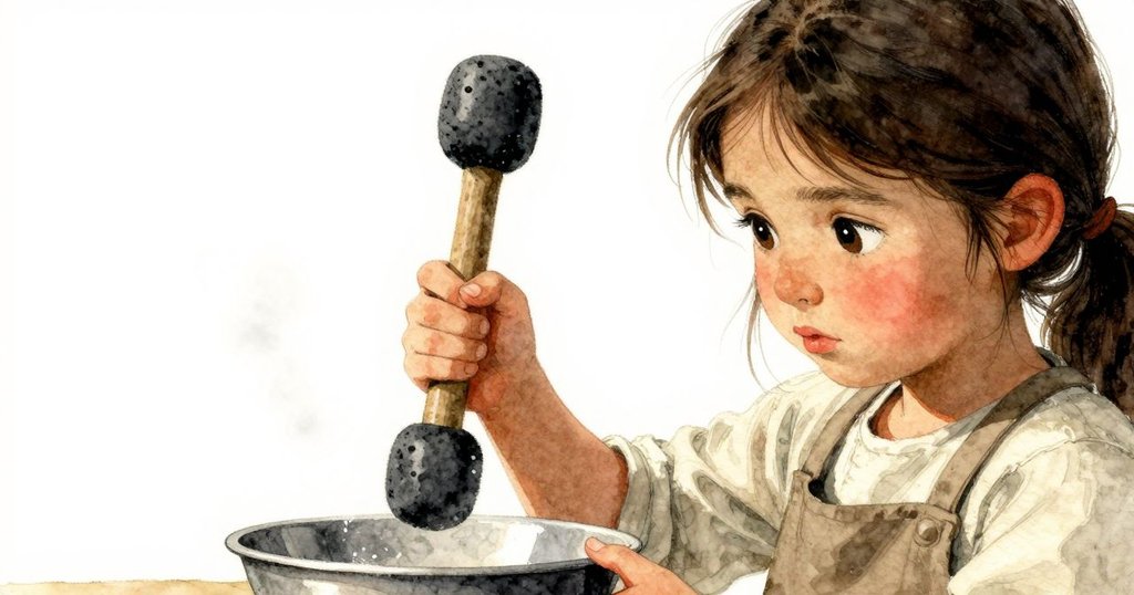 夏拉專注揮動橡膠木槌輕敲陶碗，清脆聲響確認作品無缺，特寫捕捉其堅定神情和細膩質感