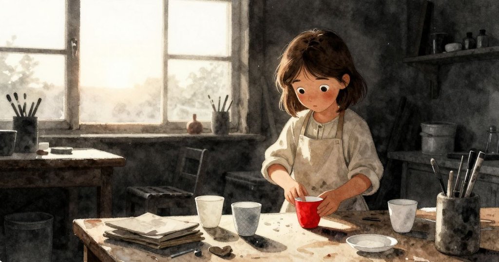 夏拉在夕陽餘暉中整理好檢測通過的杯子，工作室充滿金色光芒，表情滿足祥和，呈現溫暖結局