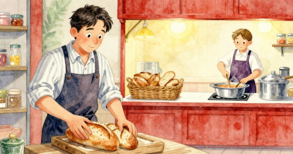 文森在麵包櫃檯上稱重麵包，旁邊售貨員慢慢攪動湯鍋，兩邊畫面呈現溫暖現代感