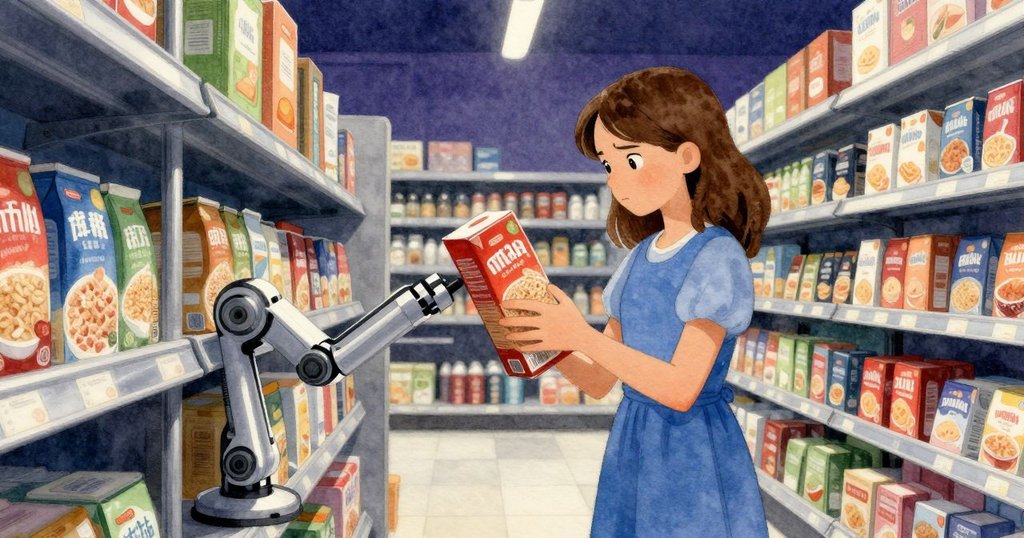 克拉拉專注於自助收銀機上掃描盒子，同時展示掃描臂與雜誌架的衝突對比，科技與現實交融