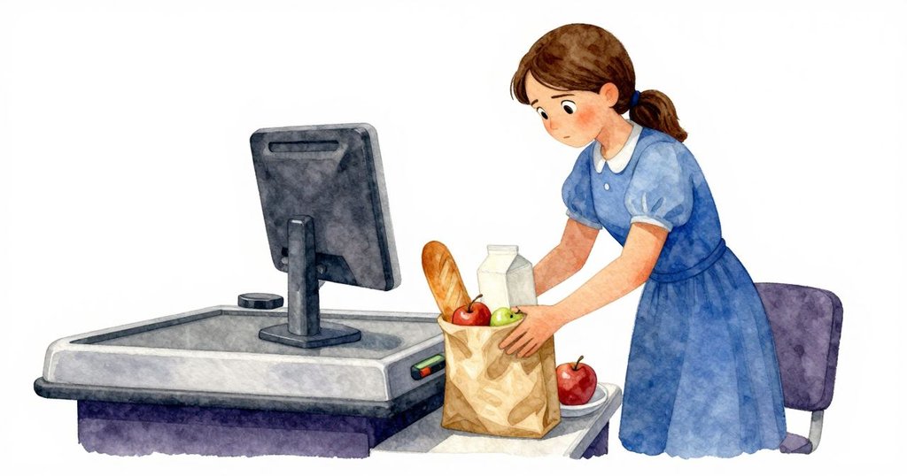 克拉拉在自助結帳區依序放入牛奶、蘋果與麵包，表情專注，動作細緻，顯露出解決問題的智慧