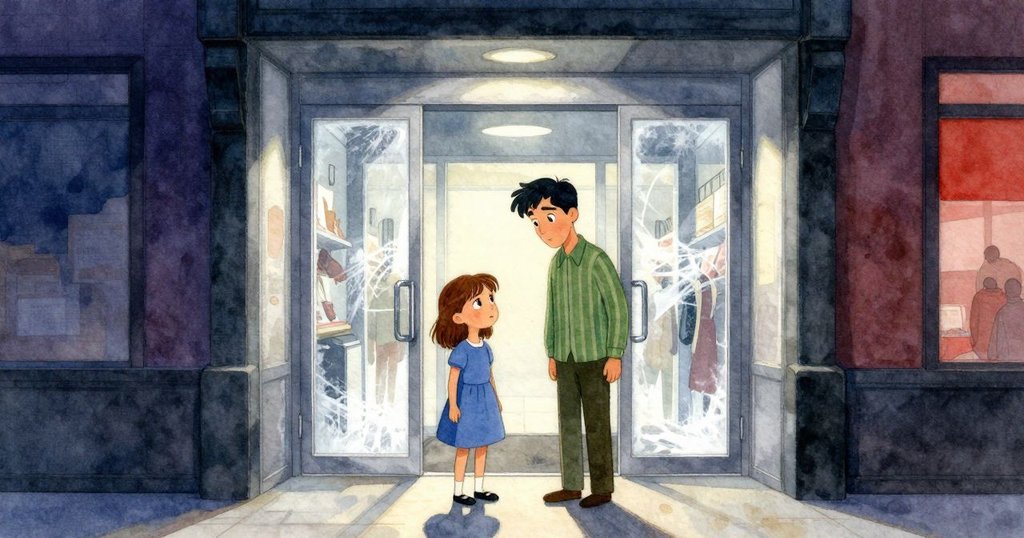 克拉拉與文森在超市出口重逢，兩人攜帶購物袋向前行走，背後自動門散發出寒冷光芒，氛圍溫馨