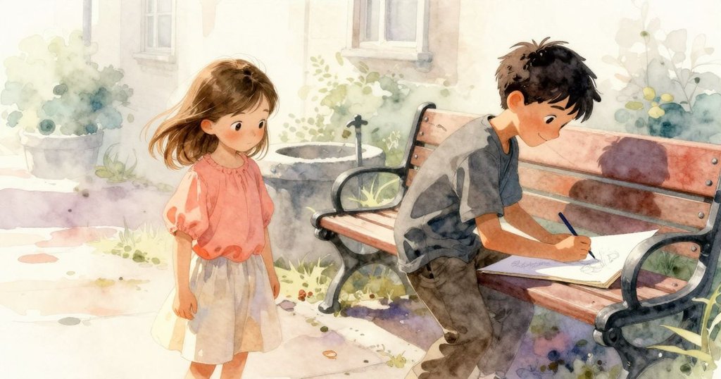 曙光坐在溫暖長椅上用鉛筆作畫，輕霧拂過臉龐，Atlas在池邊觀望，畫面充滿神秘感