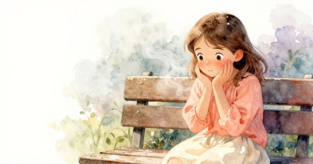 曙光停下腳步，手持被水弄濕的草圖本靠在暖陽長椅上，蒸氣緩緩升起，畫面散發著寧靜且思索的氛圍