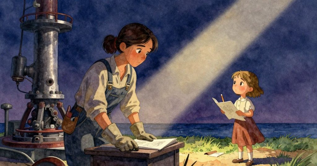 Vivian所在塔外景，古老結構與露出機械工台，夕陽照射，氛圍神秘且溫暖，展現故事開端