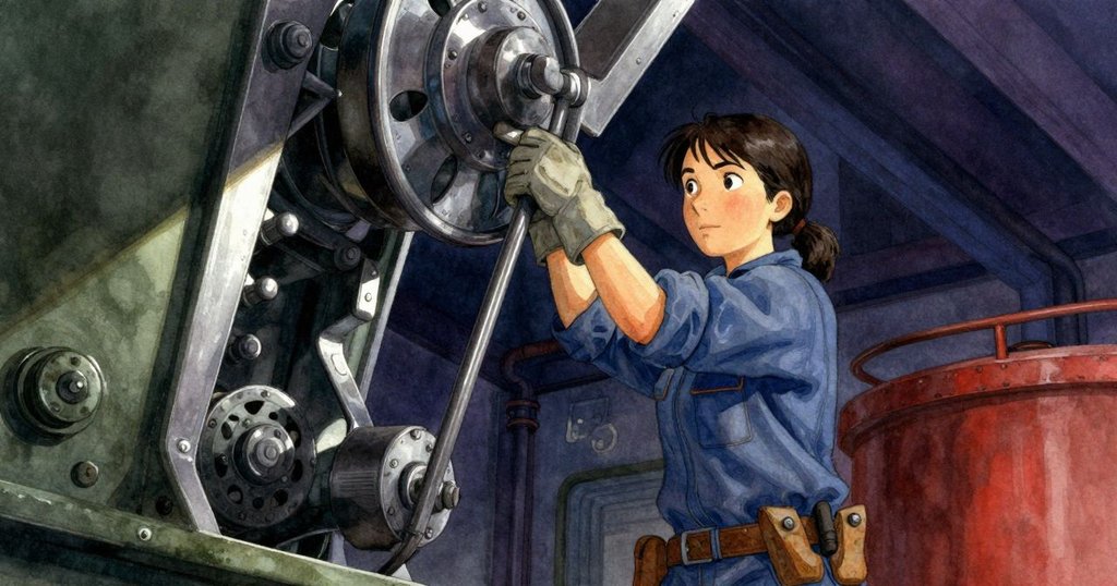 Vivian面帶決心舉起鐵控器，低角度強調其英勇，光影交錯中的內部機械營造戲劇感