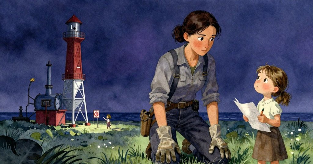 全景展現塔身與複雜機械，小人物Vivian與Stella點綴其中，光影交融中迎來最終安全標記