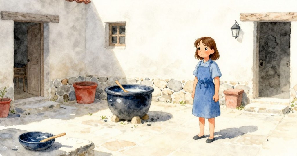 克拉拉站在溫暖庭院中，背景有藍點石板和紫靛色染缸，充滿期待與創作氣氛，環境寧靜。