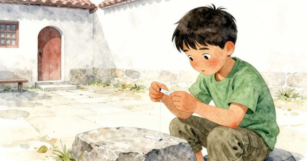 喬爾正仔細觀察試紙，黃色綠色液滴滴落在石板上，神情專注，庭院背景細膩溫暖。