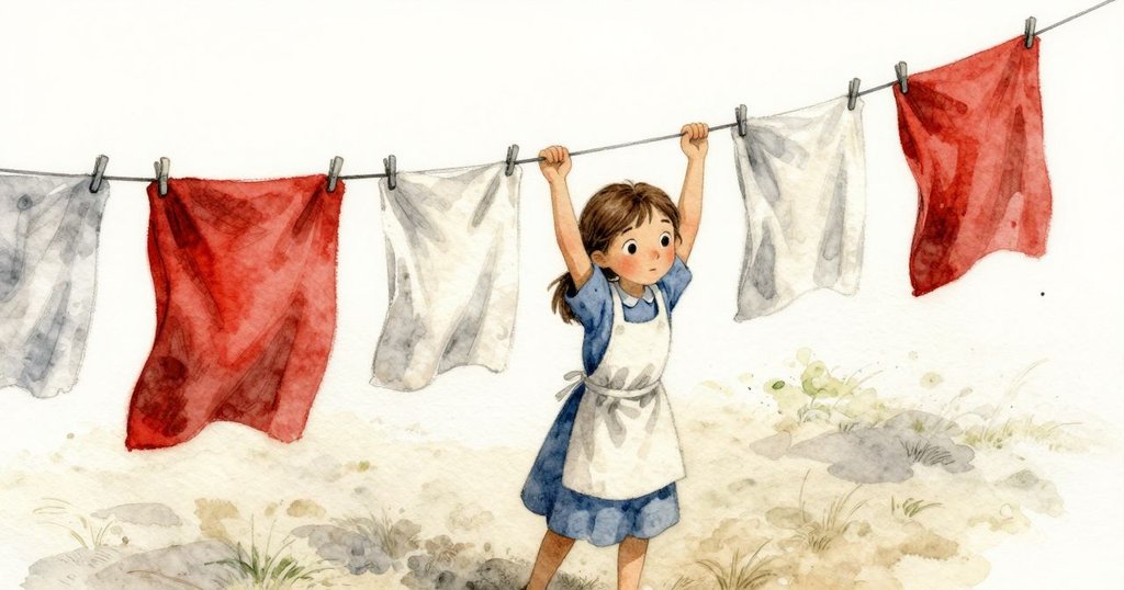 克拉拉從高處俯視正小心將染好的布段釘上晾繩，指尖沾著靛藍，表情專注，環境富有層次。