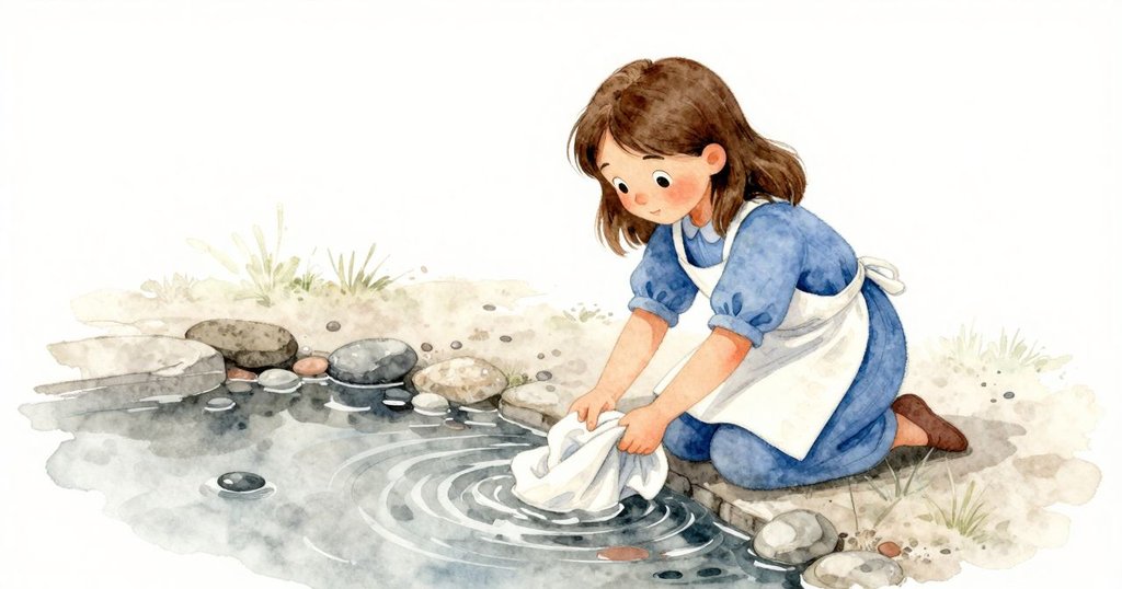 克拉拉跪在流水邊攪拌染好的布料，水面反射出柔光，周圍鵪鶉石點綴，場景充滿過渡韻味。